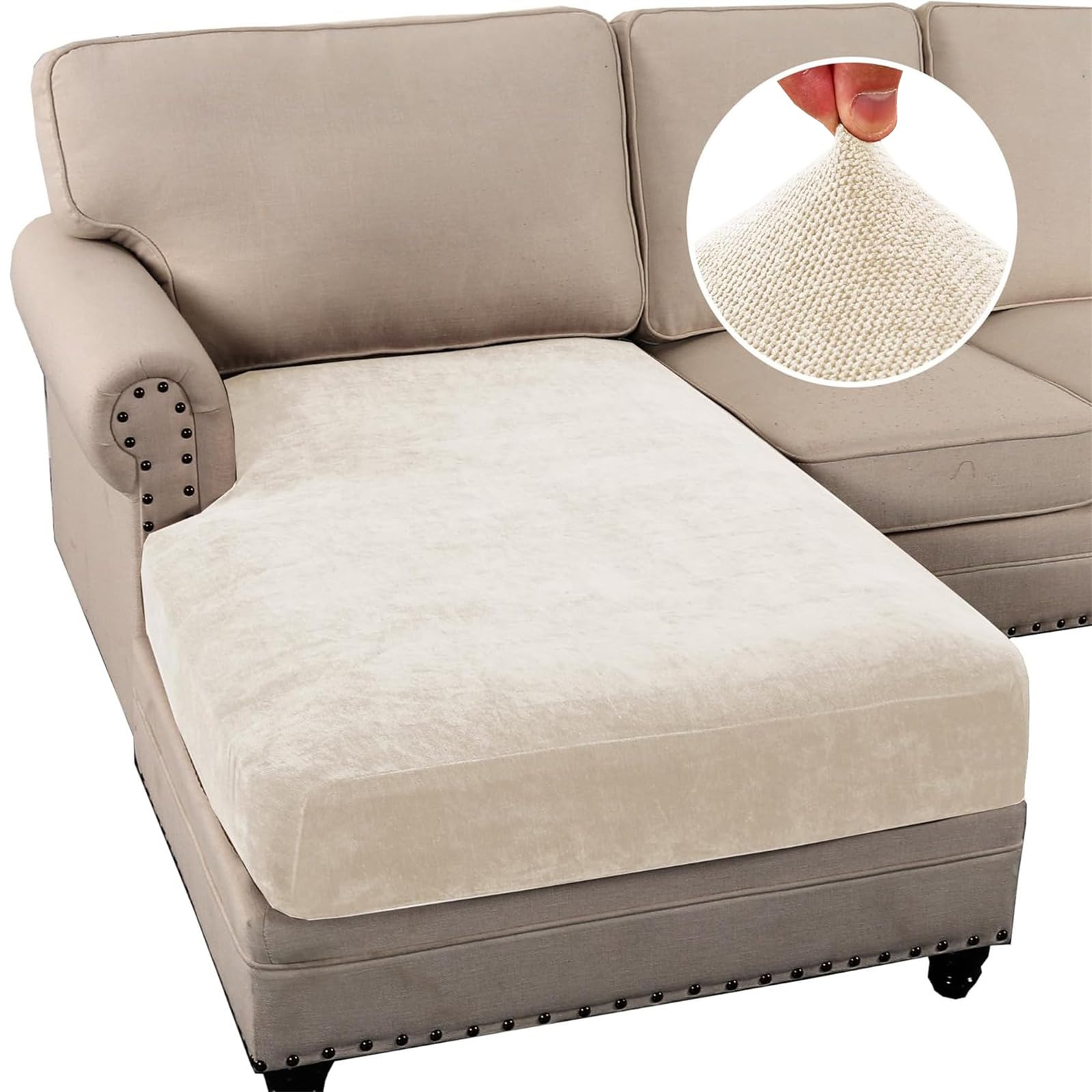 BXFUL Stretch Sofa Seat Cushion Covers, Chenille Sofa Cushion Slipcovers, High Stretch Couch Covers for Living Room Non Slip Furniture Slipcover with Elastic Bottom (Chaise Lounge,Off-White)