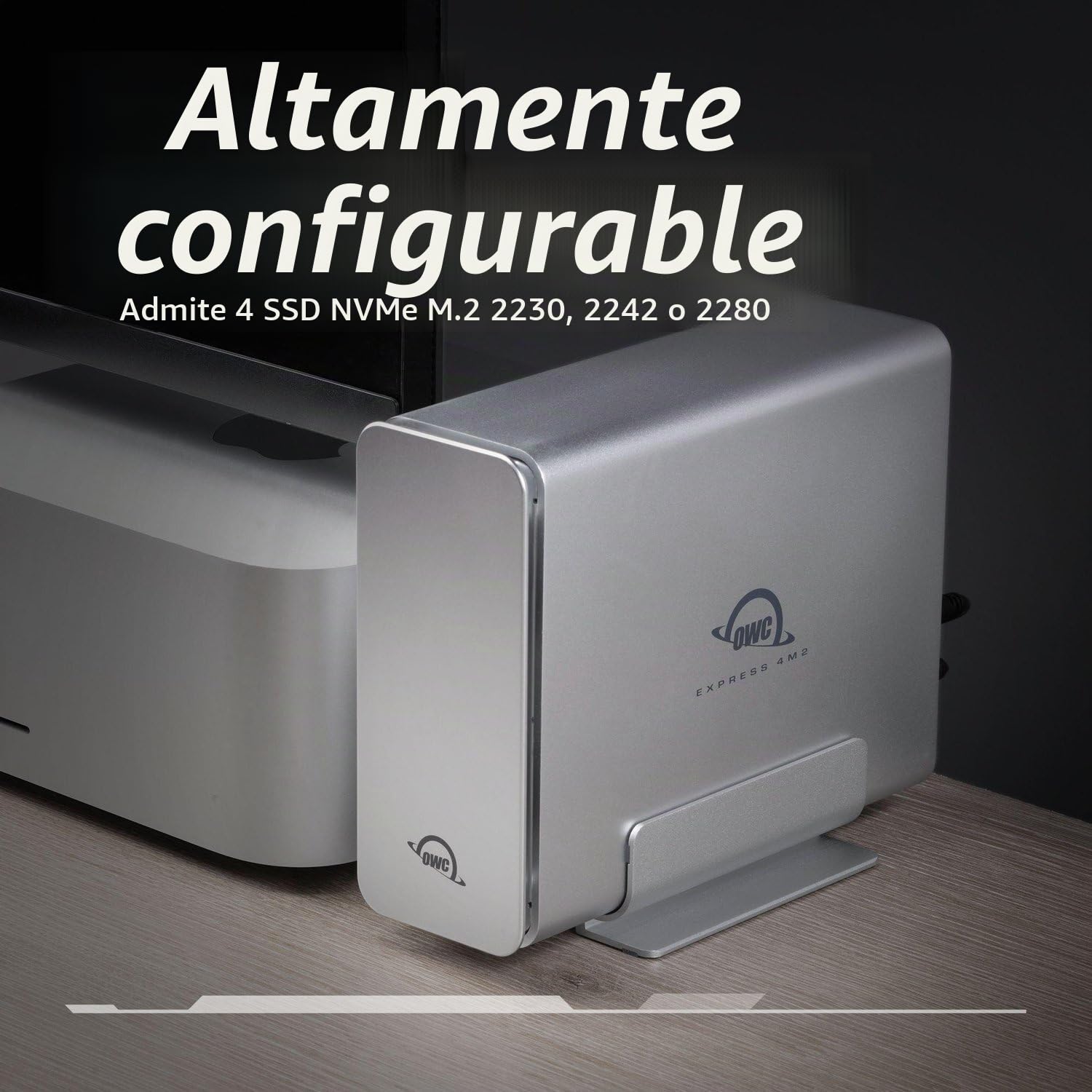 OWC Express 4M2 USB4 Caja 4 Ranuras NVMe M.2 2230/2242/2280 SSD | hasta 3200MB/s | Raid 0/1/4/5/10/JBOD | Compatible Mac/PC | Aluminio | Silencioso | Cable USB-C Incluido | Sin SSD