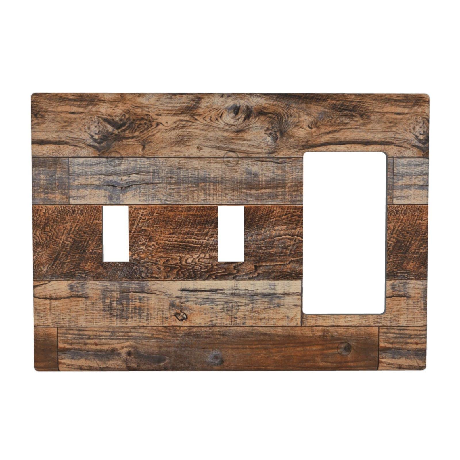 Brown Rustic Wood Combination Wall Plate 3 Gang Toggle/Toggle/Rocker Switch Plate Outlet Cover Farmhouse Decorative Wall Plate Accessories, 4.50 x
