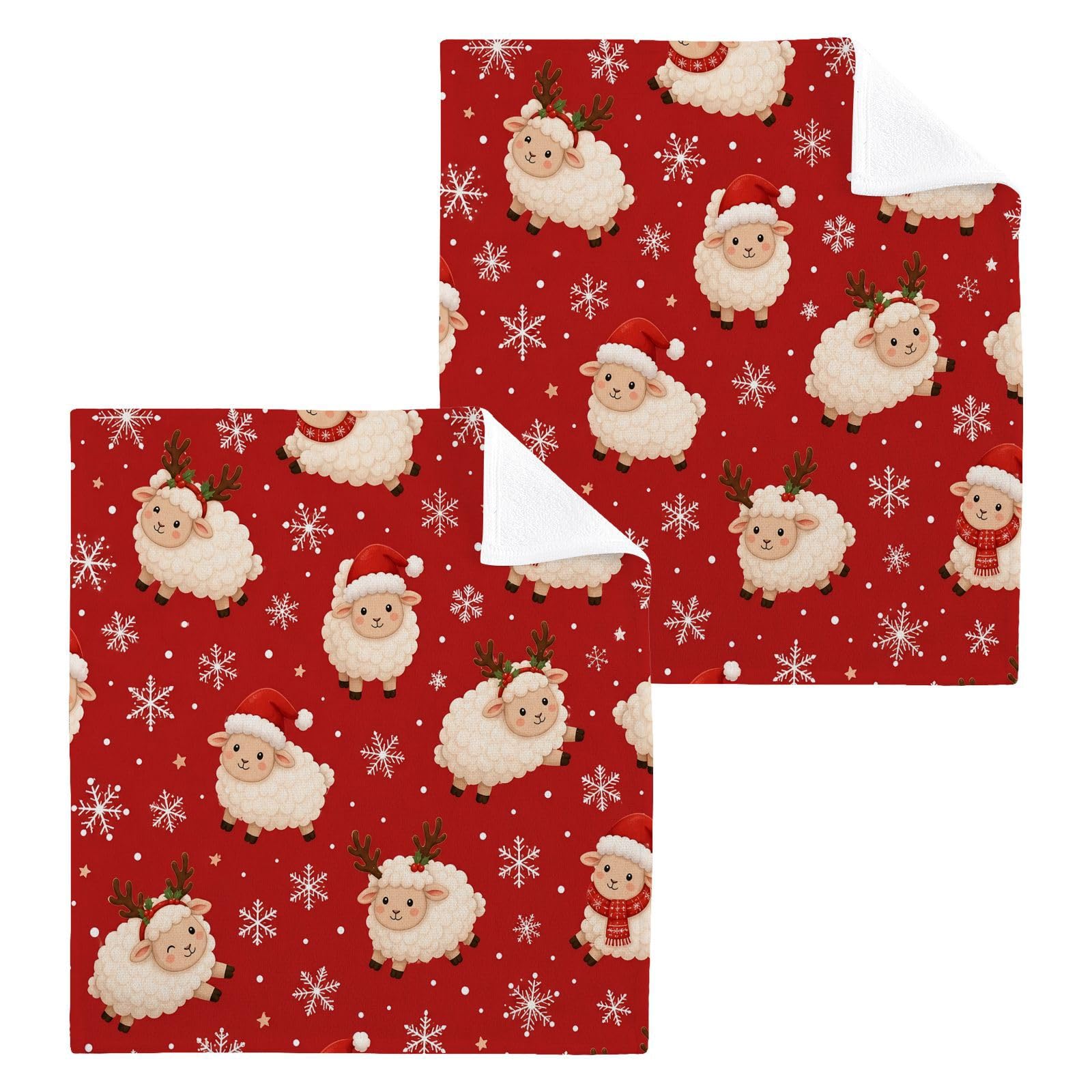BOESI Christmas Sheep 12x12in Cotton Washcloth,Soft Absorbent Face Towel