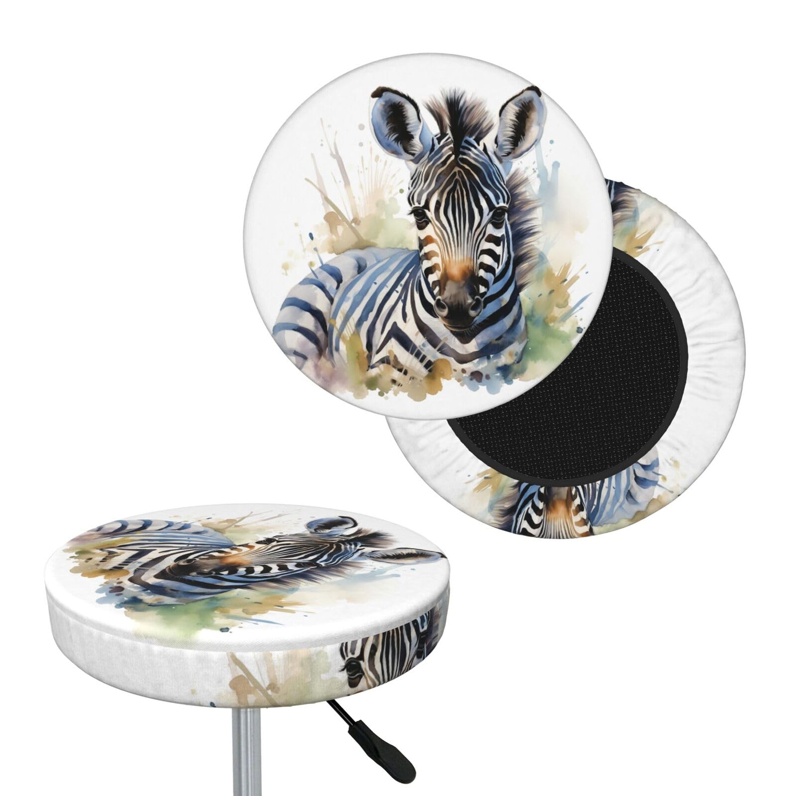 FodPand Cute Zebra Watercolor Bar Stool Cover Round Elastic Stool Cushion Covers Washable Bar Stool Chair Slipcover Stretch Stool Seat Covers for 12-14 Inch Chair