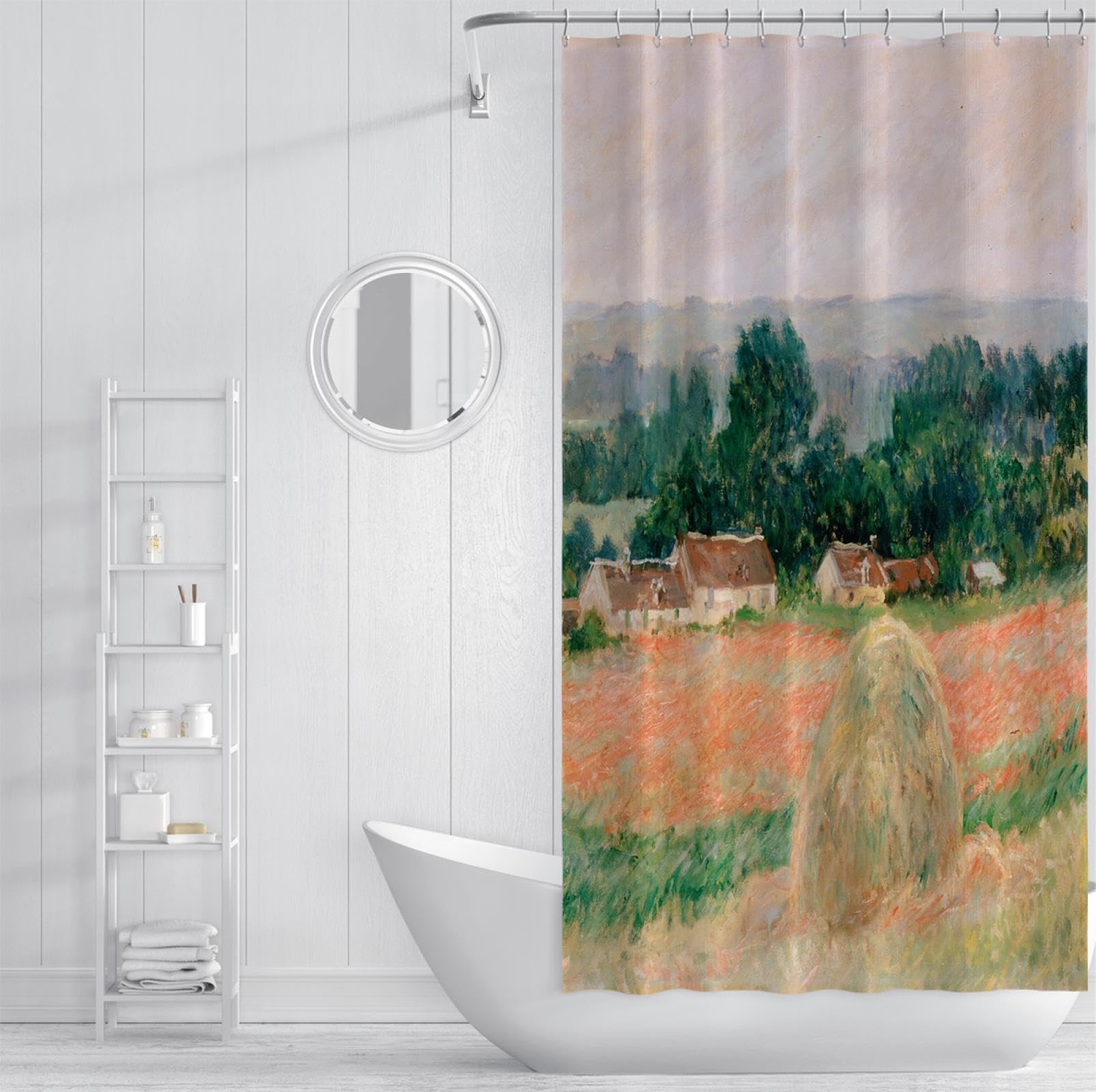Weizenfeld-Duschvorhang-Einlage Landhaus-Badezimmer-Dekor-Sets mit Haken Claude Monet-Landschaft Polyester-Stoff-Duschvorhänge 180Bx220Lcm