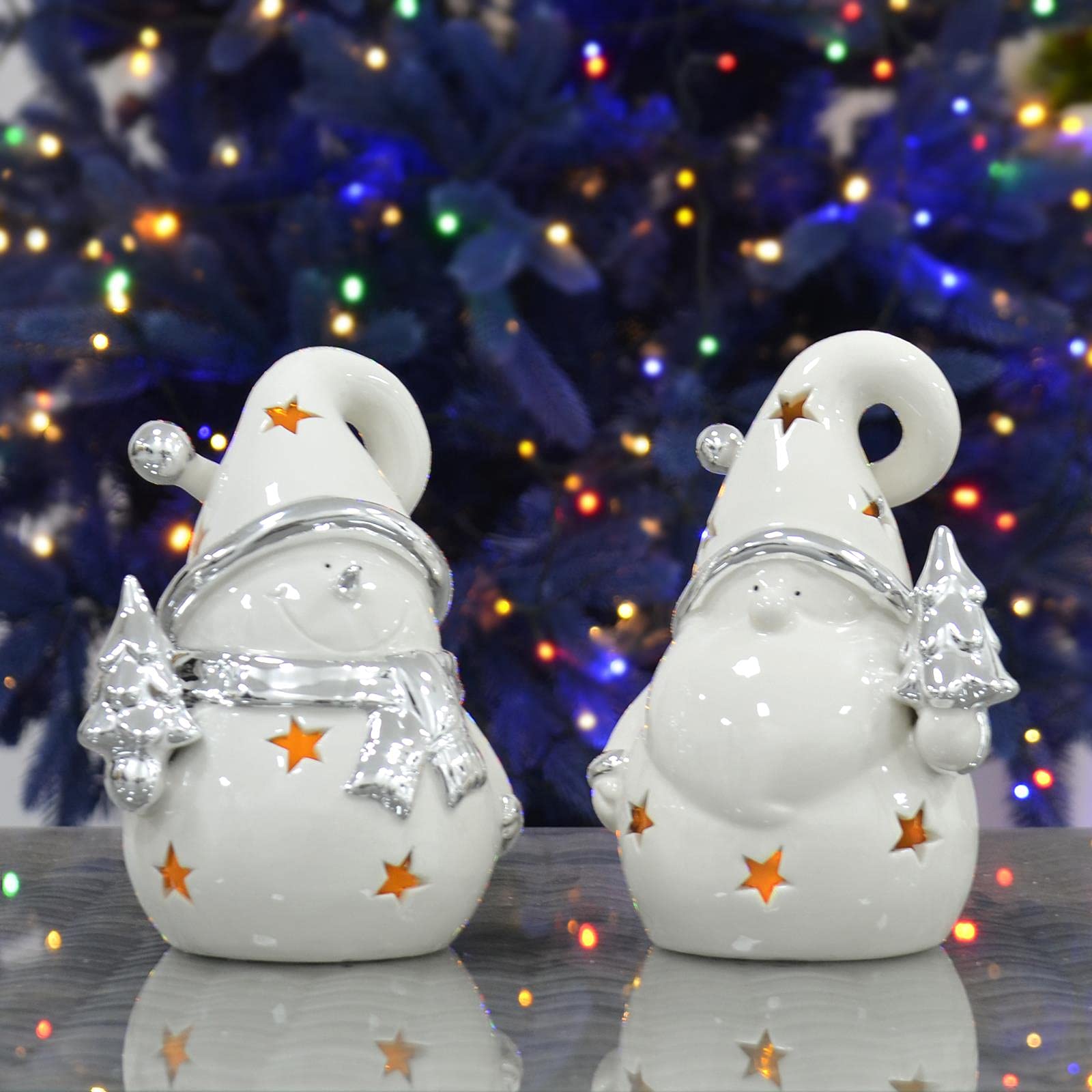 Mr Crimbo White,Silver Set Of 2 Christmas Tealight Candle Holders Ceramic Snowman Santa White Silver