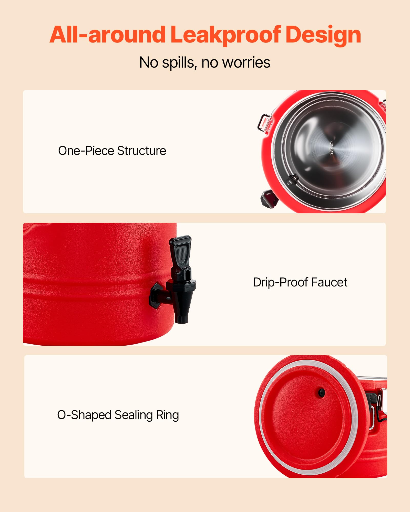 VEVOR Distributeur de Boissons Isotherme 30 L, Fontaine à Eau Chaude et Froide Non Électrique, Intérieur Inox 304, Rouge
