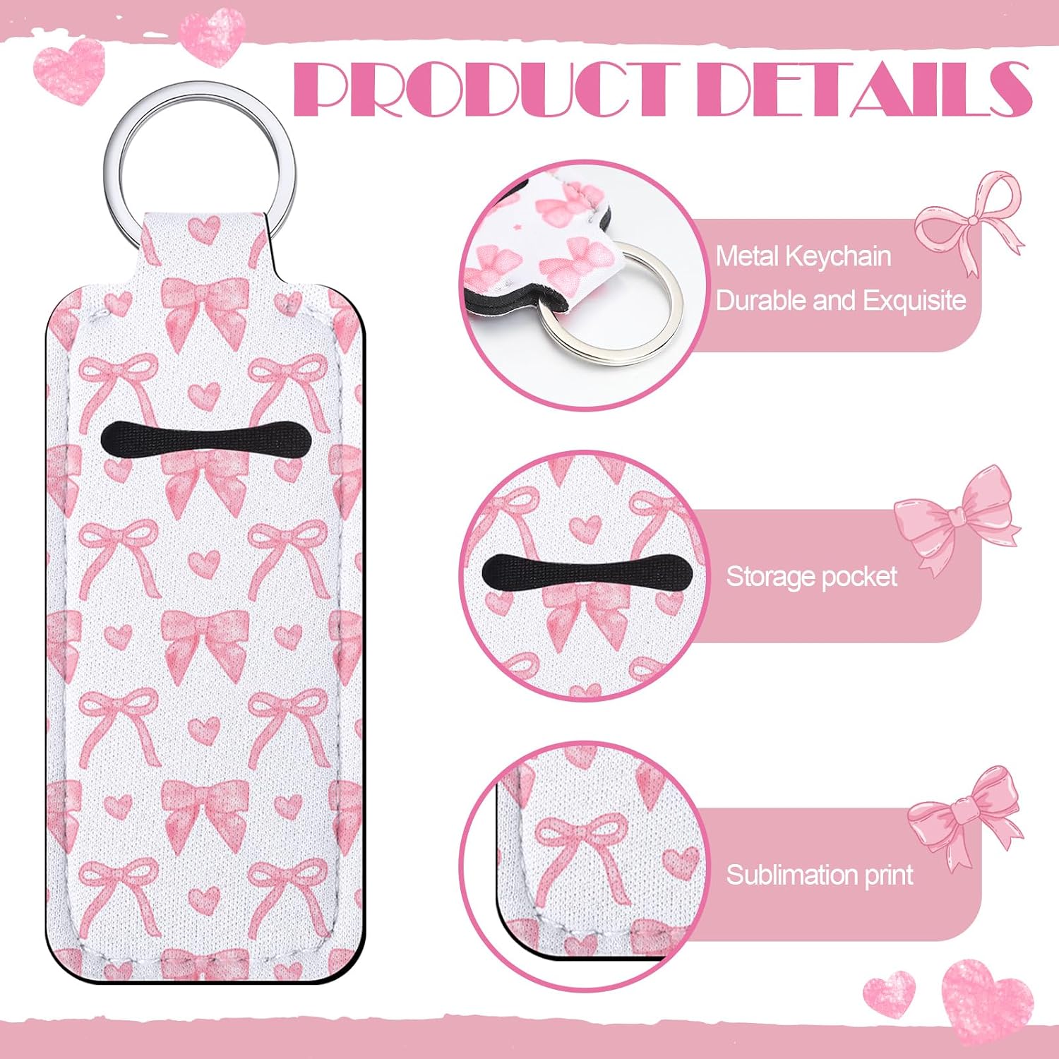 12 Pcs Pink Bow Lip Balm Holder Keychain Bulk Pocket Bag