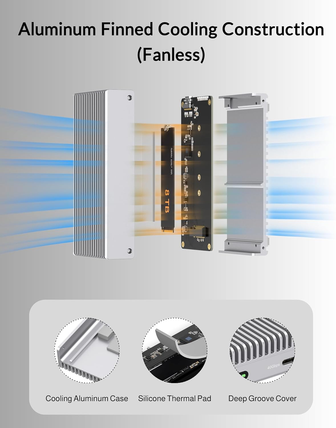 Fanless Speedy 40Gbps M.2 NVMe SSD Enclosure, USB4/Thunderbolt 4 Aluminum External NVMe Enclosure with Finned Dustproof Cooling Design, Supports M.2 PCIe SSD up to 8TB (Silver) - Image 4
