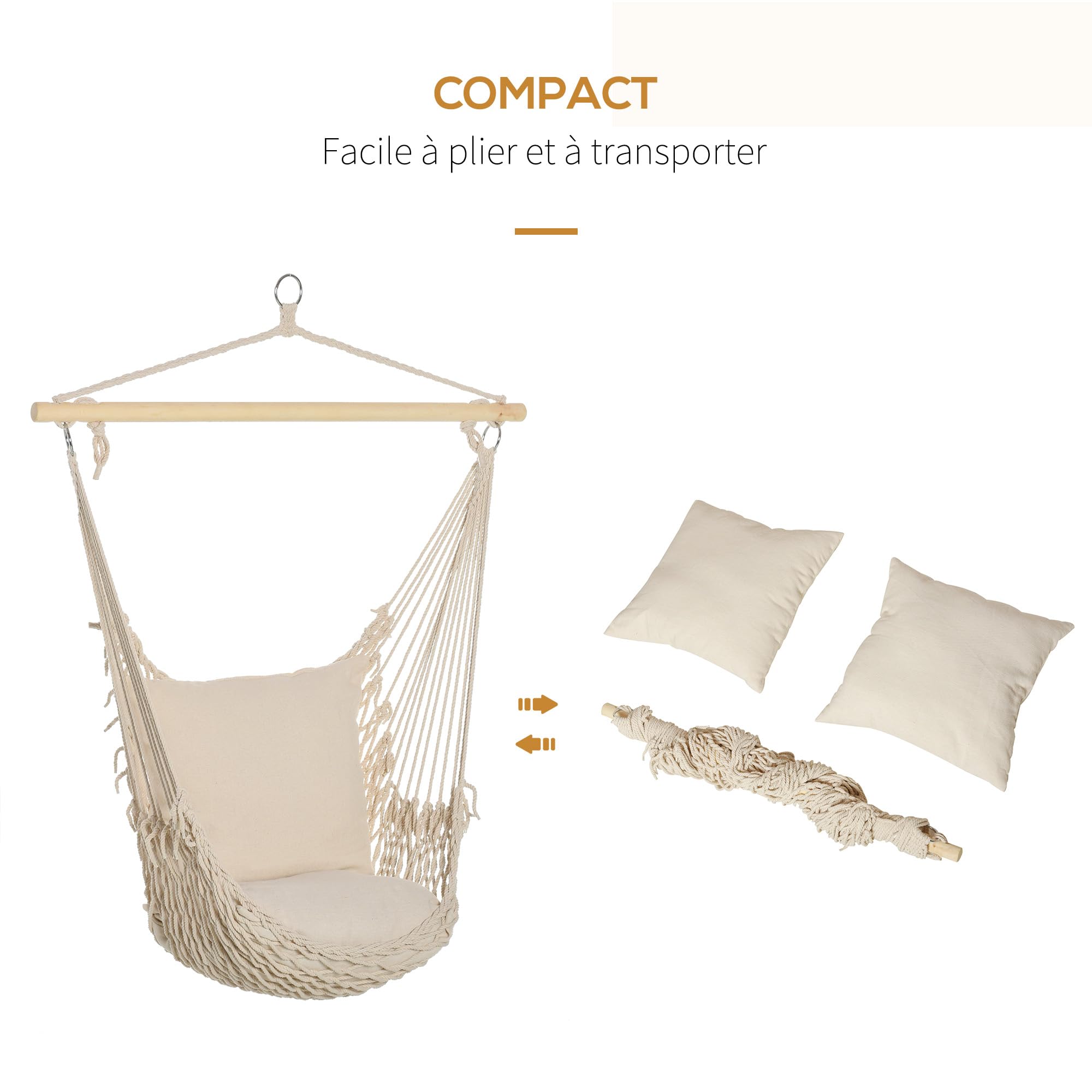 Outsunny Fauteuil Suspendu extérieur et intérieur, Chaise Suspendue Portable avec Coussins, Tissage en Coton, siège Suspendu extérieur, Chaise hamac balançoire, Charge 120 Kg, Blanc