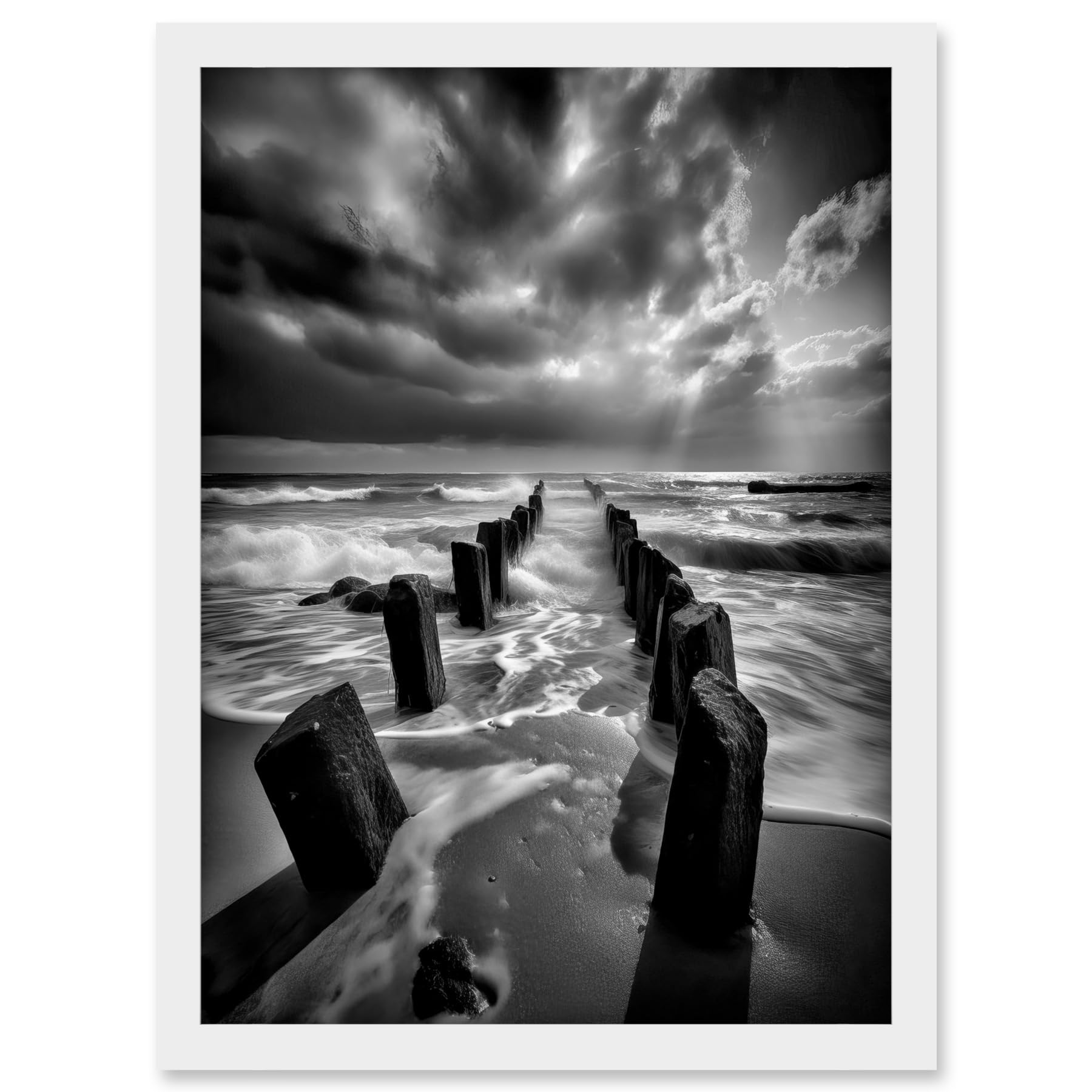 Artery8 Pier Ruins Black and White Dramatic Coastal Photo Artwork Framed A3 Wall Art Print