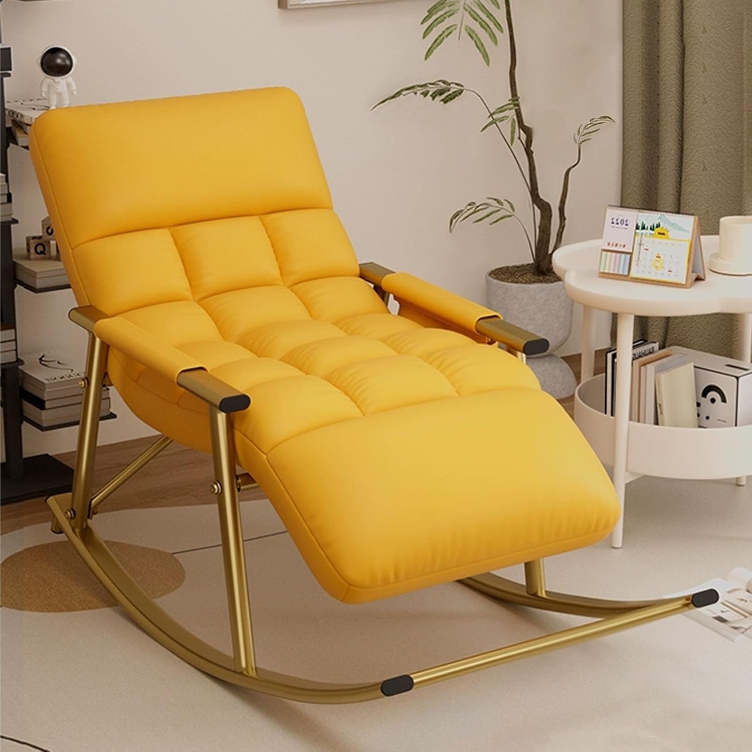 Rocking Chair, Adjustable Backrest Chair with Side Pockets, Side Armchairs for Balcony Porch Patio(Yellow+Gold Legs)