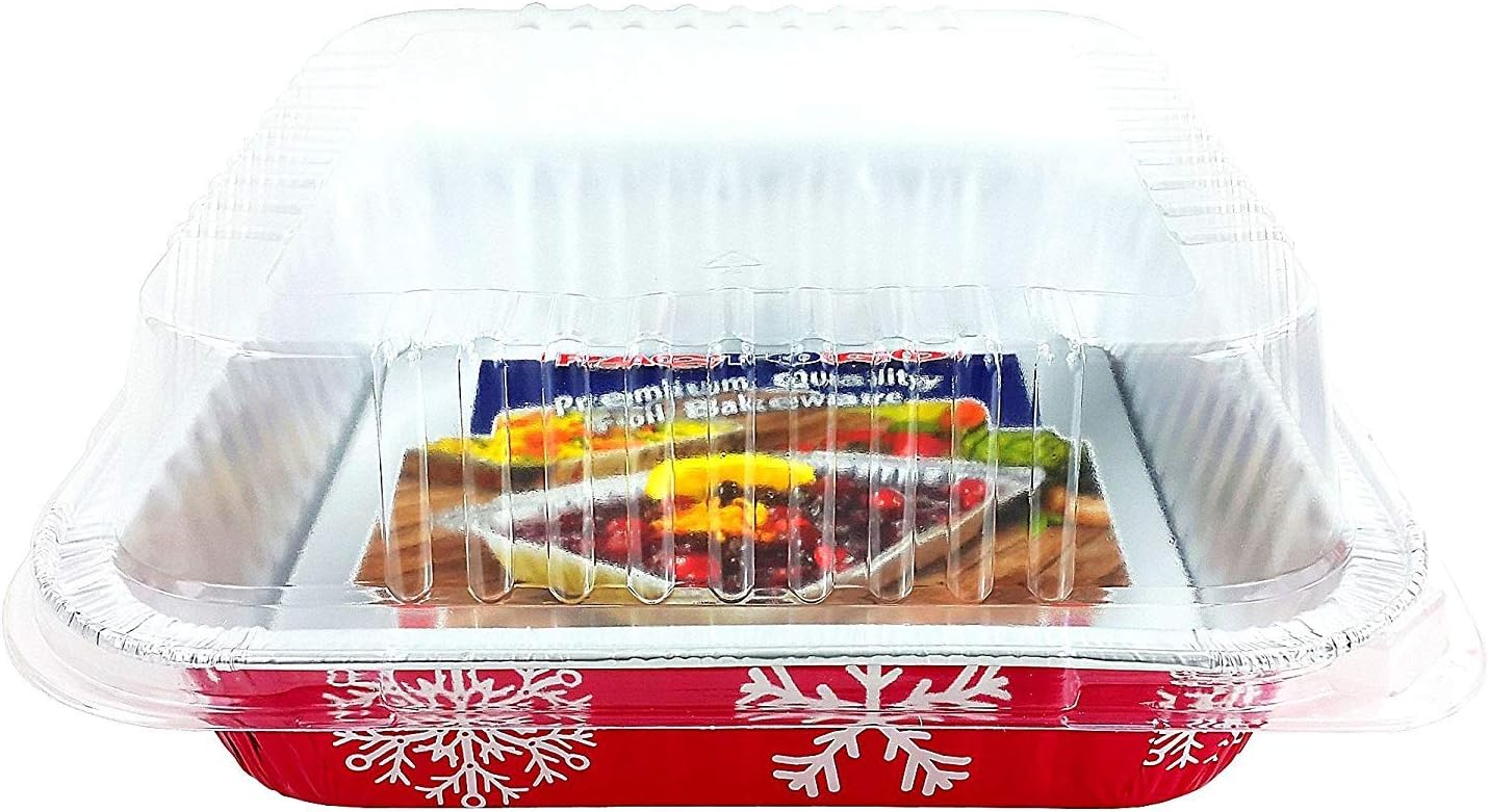Pactogo Red Holiday Christmas Square Cake Aluminum Foil Pan w/Clear Dome Lid Disposable Baking Tins (Pack of 100 Sets)
