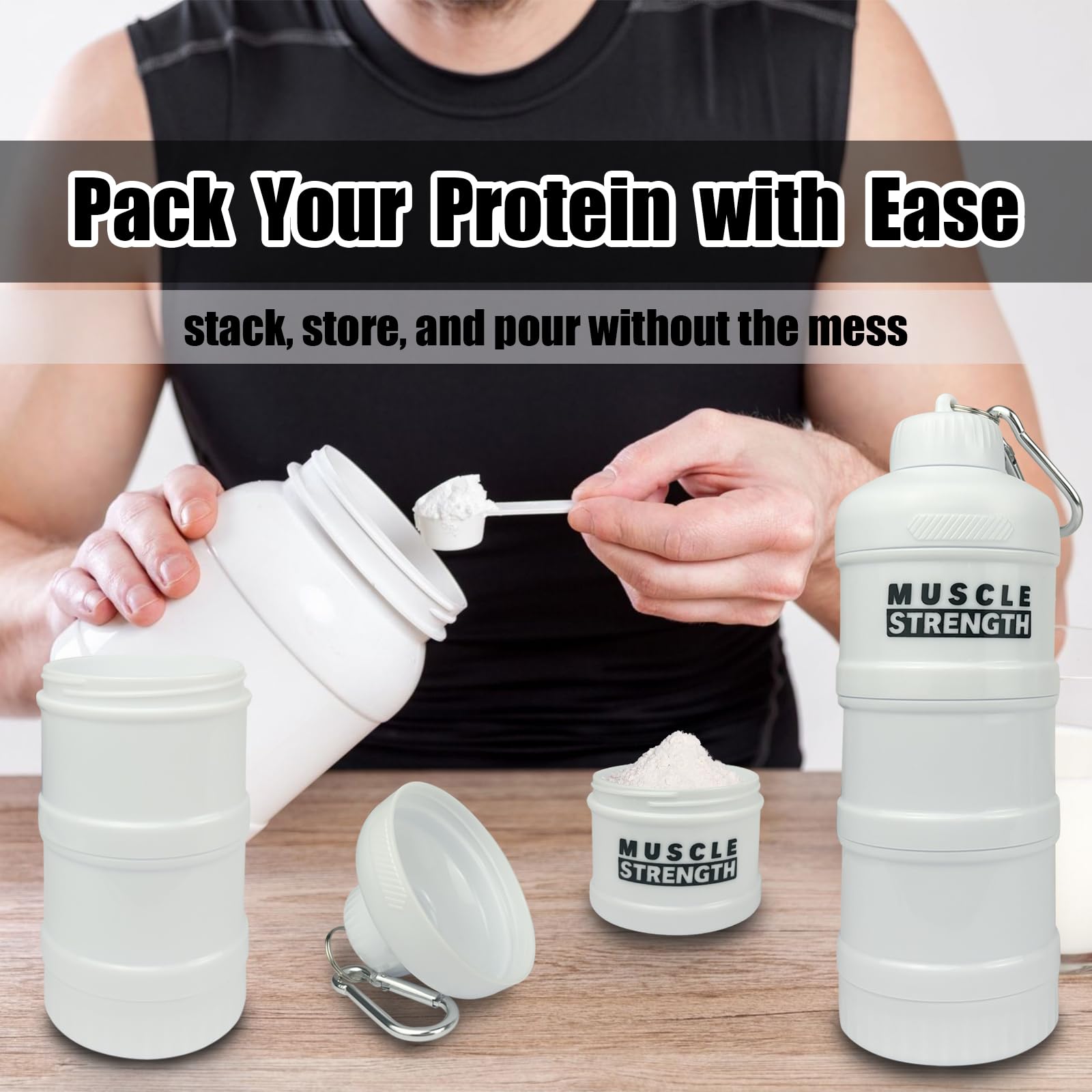 AKIZUKI JOO Stackable Protein Powder Containers (4 Pack) - 6 Oz Travel Tubs With Funnel & Carabiner - View #11