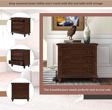 Solid Wood Bedside Table with Pull-Out Tray, Versatile Nightstand with 3 Drawers, Easy Assembly, Brown