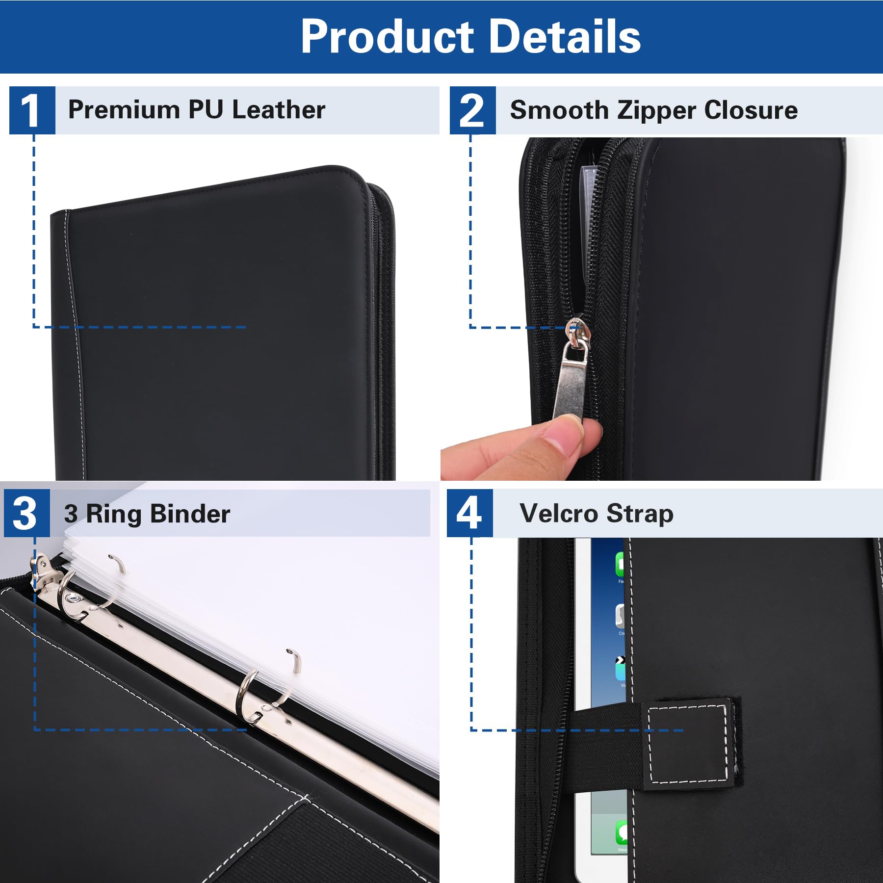 HAUTOCO Porte-documents en cuir synthétique avec 3 anneaux et fermeture éclair pour certificats de naissance, cartes de sécurité sociale, passeports, papiers importants