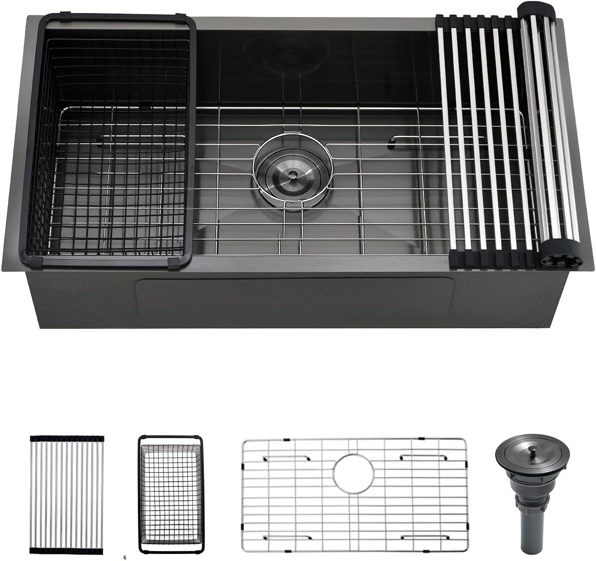 32 Undermount Black Kitchen Sink, Luckyhorse 32" x 17" x 9" 18 Gauge Gunmetal Black Stainless Steel Undermount Single Bowl Kitchen Sink LH024SQ