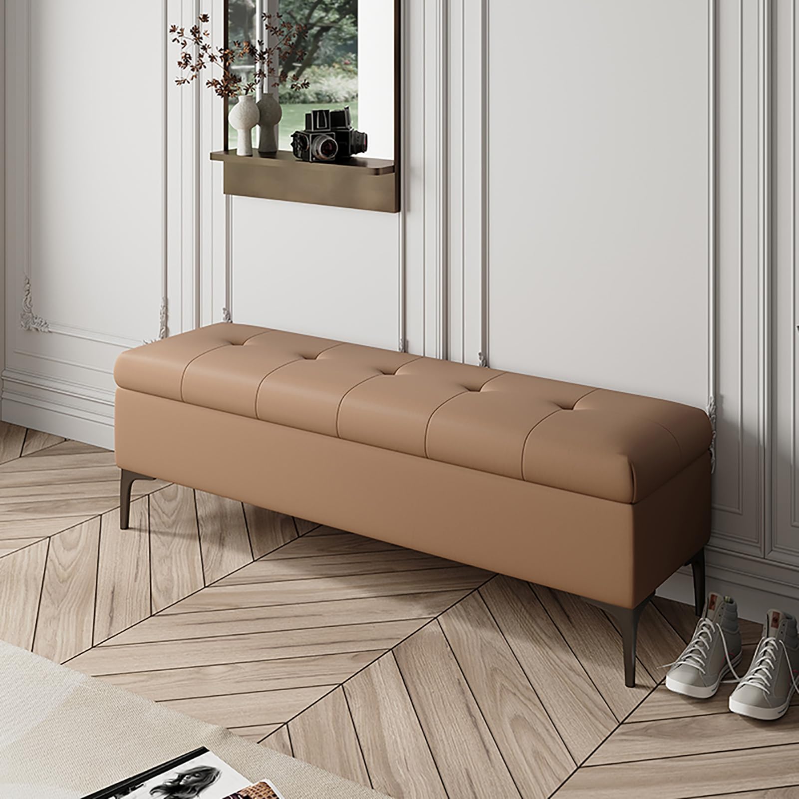Banc ottoman salon et entrée avec repose-pieds rembourré en métal