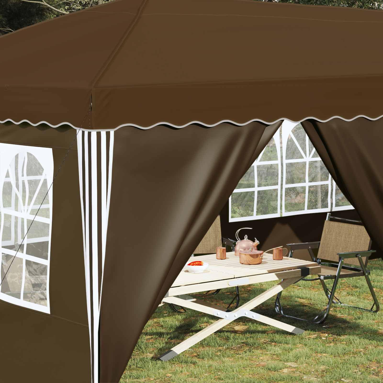 Pop-up namiot imprezowy w kolorze taupe, 575 x 288 x 245 cm, z malowaną proszkowo stalową ramą, 3-stopniowa regulacja wysokości, odporny na warunki atmosferyczne, składany i składany, do