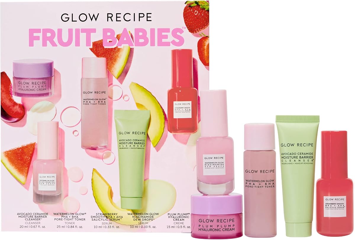 Fruit Babies Bestsellers Kit - Mini tamaño de viaje Beauty Essentials - Limpiador de espuma de aguacate, suero de gotas de rocío de niacinamida, tónico hermético para los poros, suero salicílico, crema de ácido hialurónico (5 unidades)