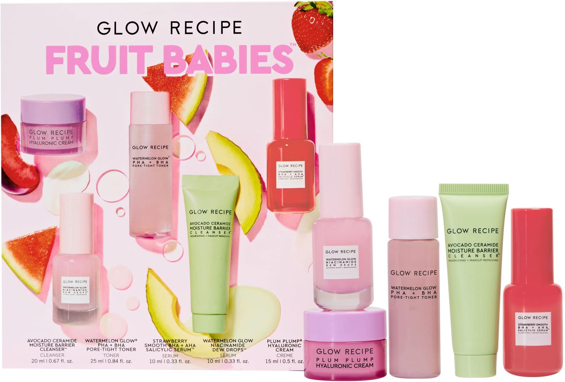 Fruit Babies Bestsellers Kit - Mini Travel Size Beauty Essentials - Avocado Foam Cleanser, Niacinamide Dew Drops Serum, Pore-Tight Toner, Salicylic Serum, Hyaluronic Acid Cream (5 Count)