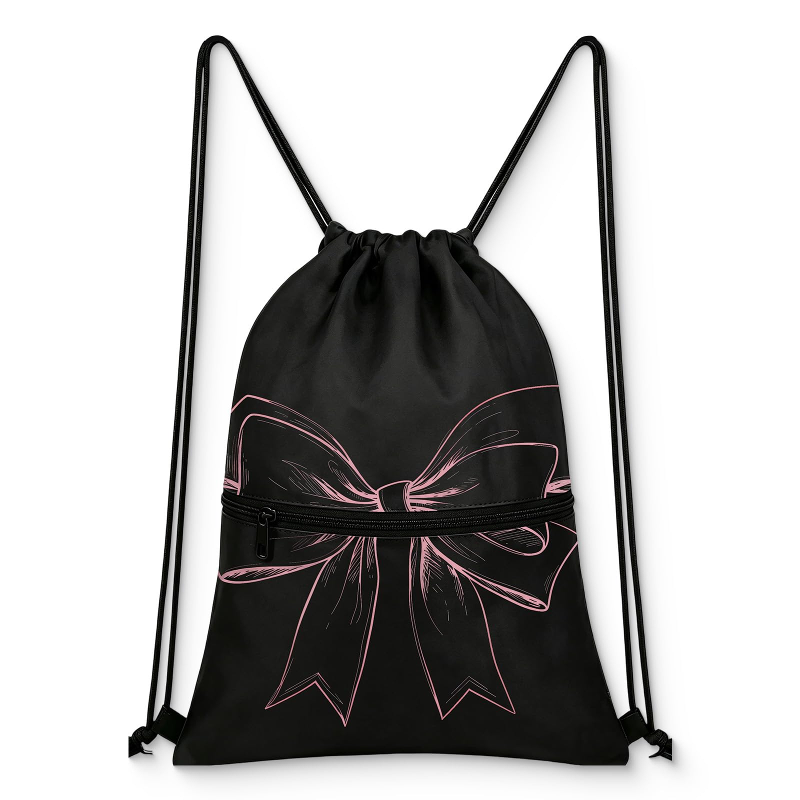 Pragma Bow Drawstring Bag, Coquette Girls Swimming Bag, Waterproof Swim Gym PE Bag with Zipper, Large Capacity Black String Backpack, Cute Swimming Bags for Girls Women School Travel Daily Outdoor