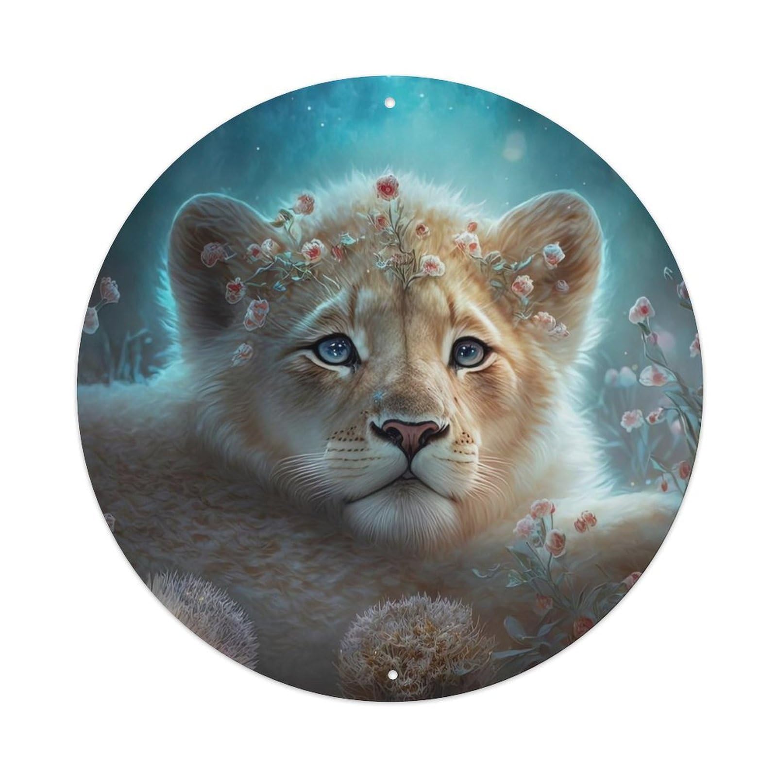 Wildlife Artwork Lion Cub Surrounded by Flowers Vintage Metal Tin Sign Plaque Wall Decor for Cafe, Club, Garden Round Metal Poster 8x8Inch