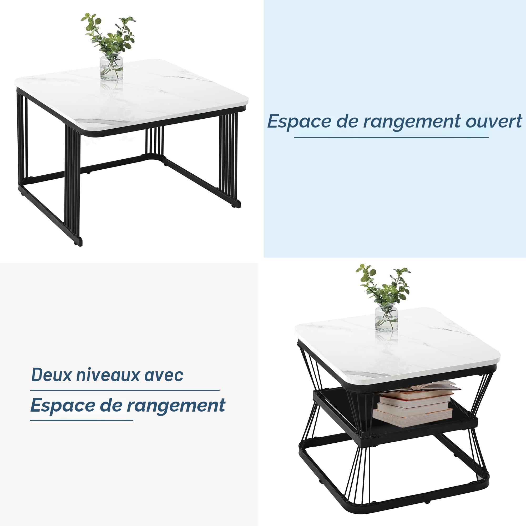 Merax Tables Basses Lot de 2, Haute Brillance, avec Espace de Rangement, pour Salon, Balcon et Bureau, Structure en Métal, Noir et Blanc