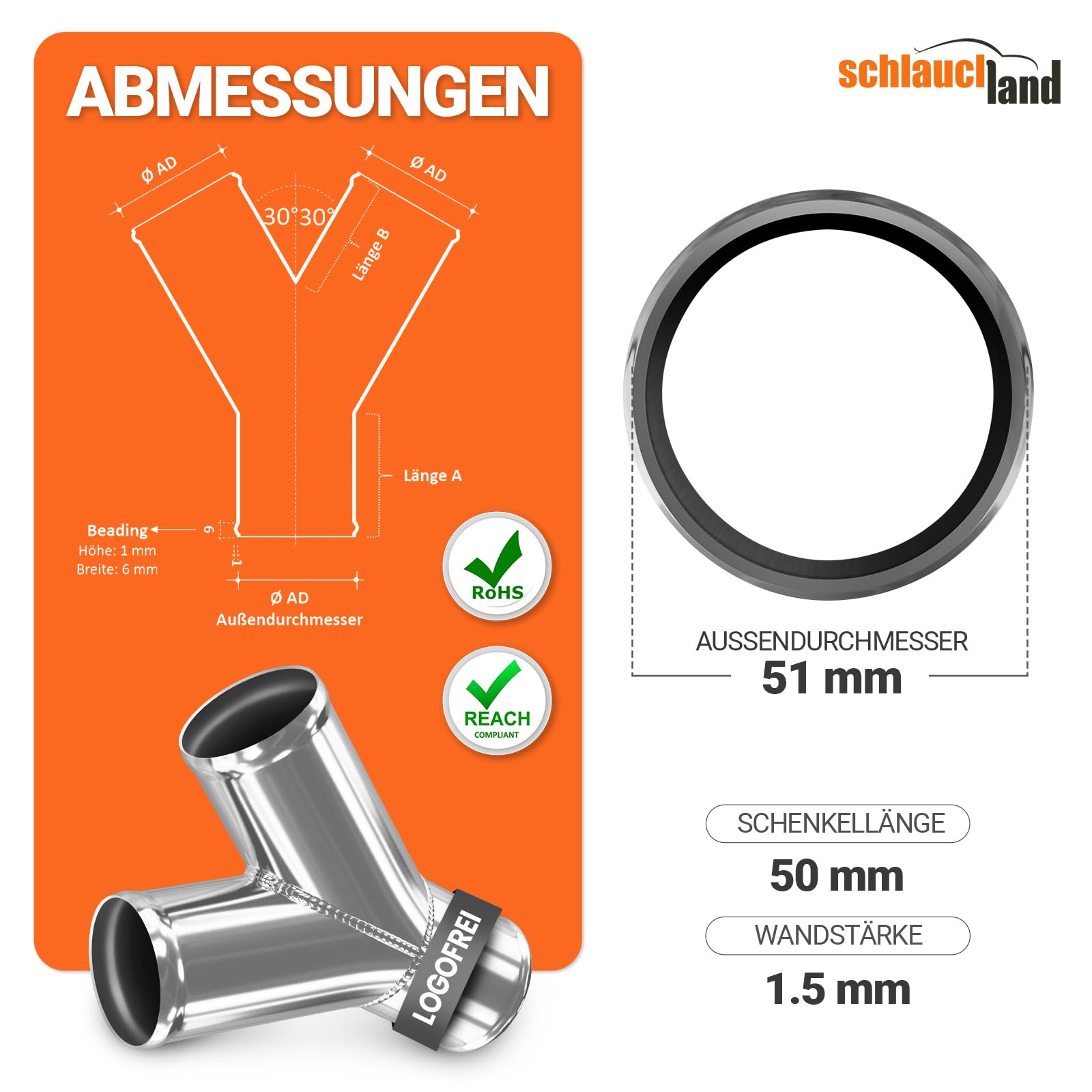 Edelstahl-Rohr Y-VERTEILER AD-Ø 51mm Y STÜCK poliert V2A 1.4301 INOX rostfrei | AUSWAHL GRÖSSEN 25-200mm Außendurchmesser | Abzweig Adapter Splitter Edelstahl T Rohr Motor Schlauch-Verbinder Kupplung