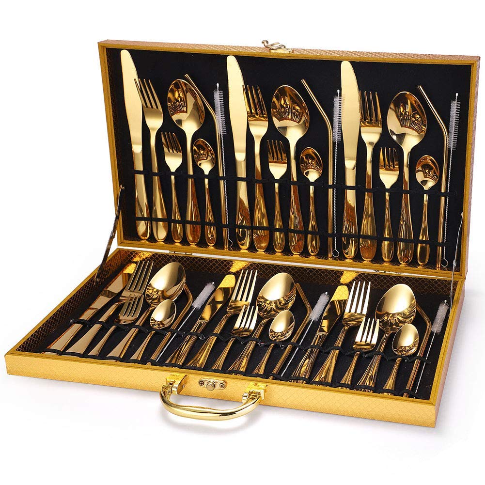 Juego de Cubiertos de 6 Piezas, Acero Inoxidable Pulido Fino, con Caja de Madera, Incluye Cuchillos, Tenedores y cucharas, Pajita，Gold 42pcs