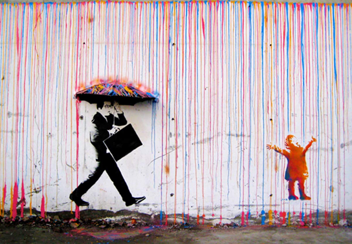 Banksy Colored Rain - Canvas Wall Art Framed Print - Various Sizes