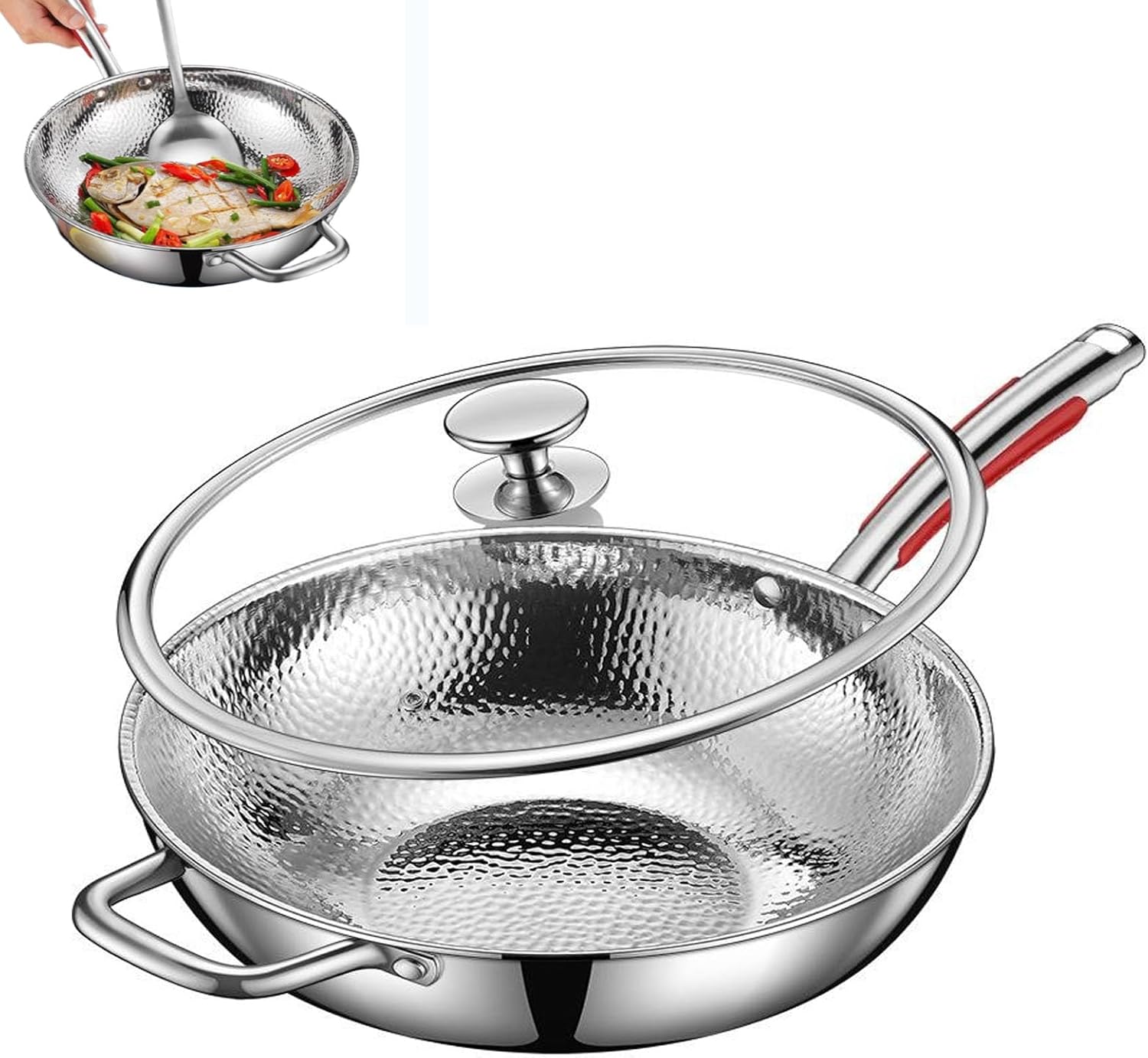 Titanium Hammered Wok, 2026 New Upgrade Non Stick No Coating Titanium Frying Pans for Cooking, Ultra-Durable, Scratch-Resistant, Safe for Oven, Induction & Cooktops,With lid,13.38in