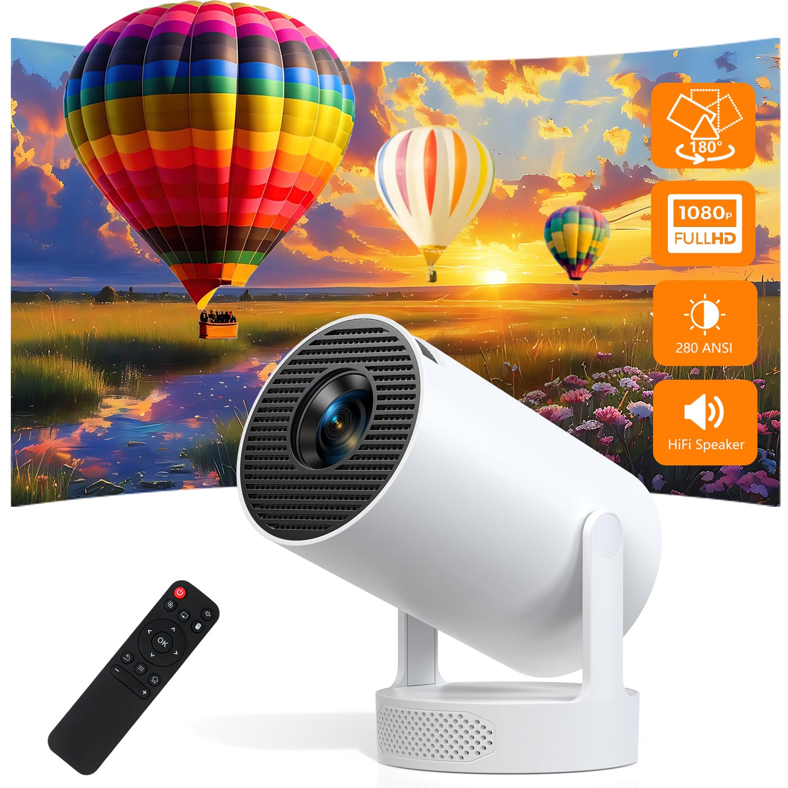 smart mini projector, 1080p supports 4k, with auto keystone & manual focusing, 280 ansi lumens, wifi 6 & bluetooth 5.0, portable projector for bedroom and home cinema