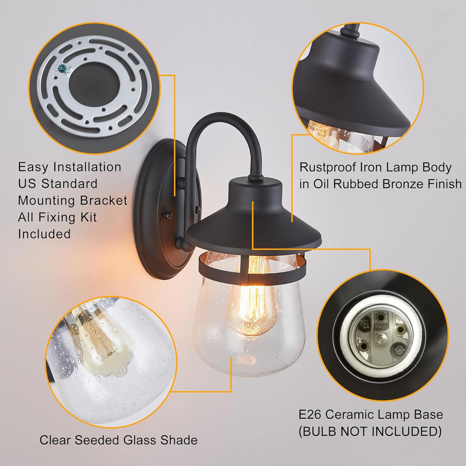 Outdoor Wall Sconce with Clear Seeded Glass Shade,Waterproof Exterior Fixture in Oil Rubbed Bronze Finish,Suit for Wet Locations,Easily Installed in Porch Patio Entryway,Doorway,Corridor