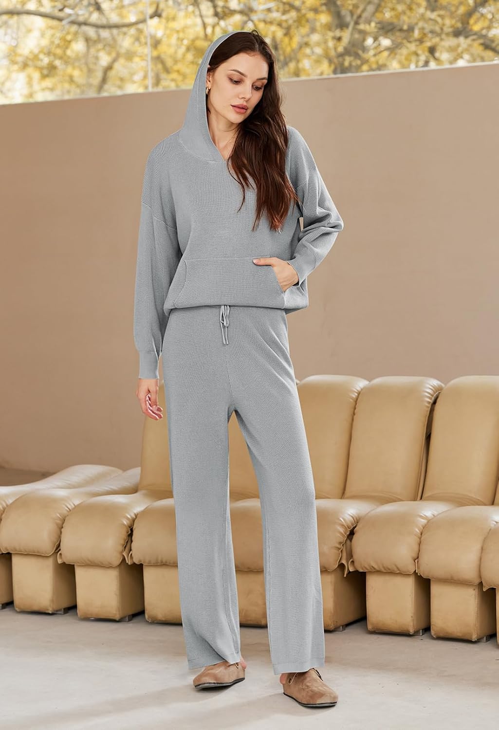 Viottiset Women's 2 Piece Outfits Sweater Set Long Sleeve Hoodies With Pocket Wide Leg Pants Lounge Sets Tracksuit - Image 6