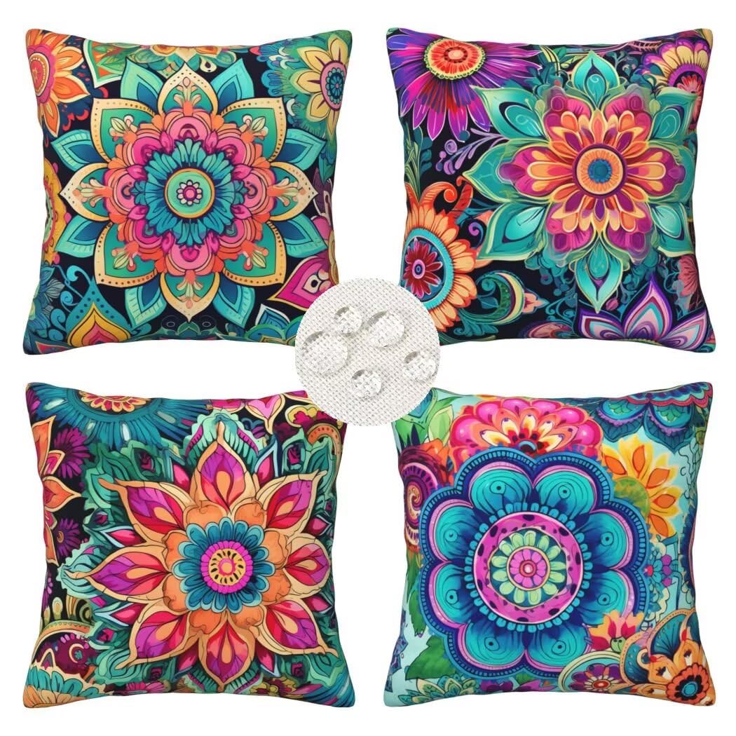 Outdoor Cushions 40cm x 40cm Set of 4 Waterproof Boho Cushion Covers Square Decorative Pillows Flowers Throw Pillow Case with Invisible Zipper for Outdoor Garden Patio Couch Bench 16x16 Inches -LI26