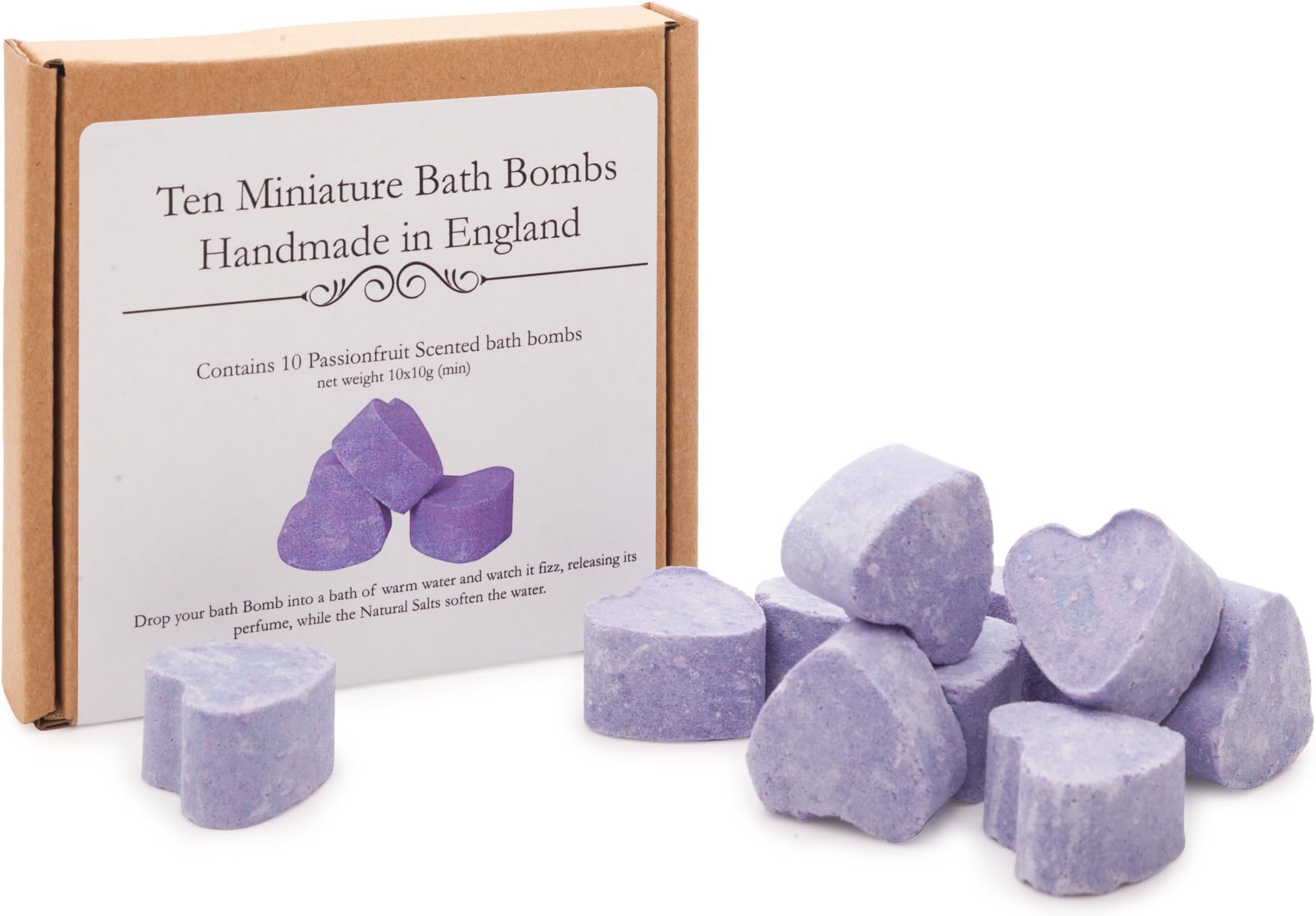 Bath Bomb Gift Set - Bath Fizzers, 10 mini heart shaped handmade Passionfruit bath bombs in a gift box.