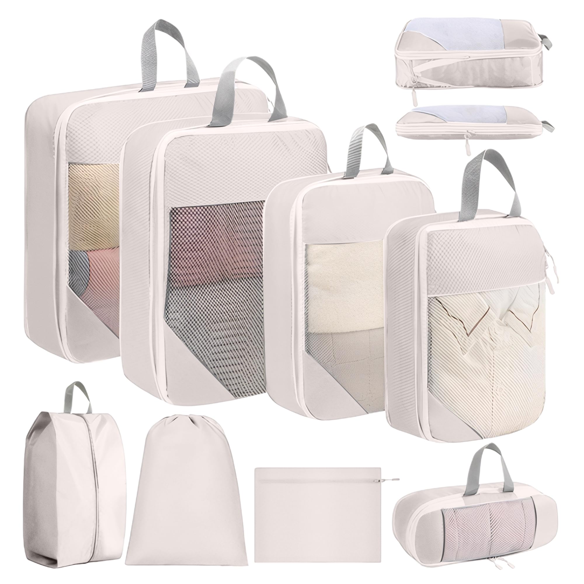 Organizer Valigia, 8 Pezzi Espandibile Packing Cubes per Zaino, Ultraleggero Organizer Viaggio per Bagagli da Trasporto (Beige)
