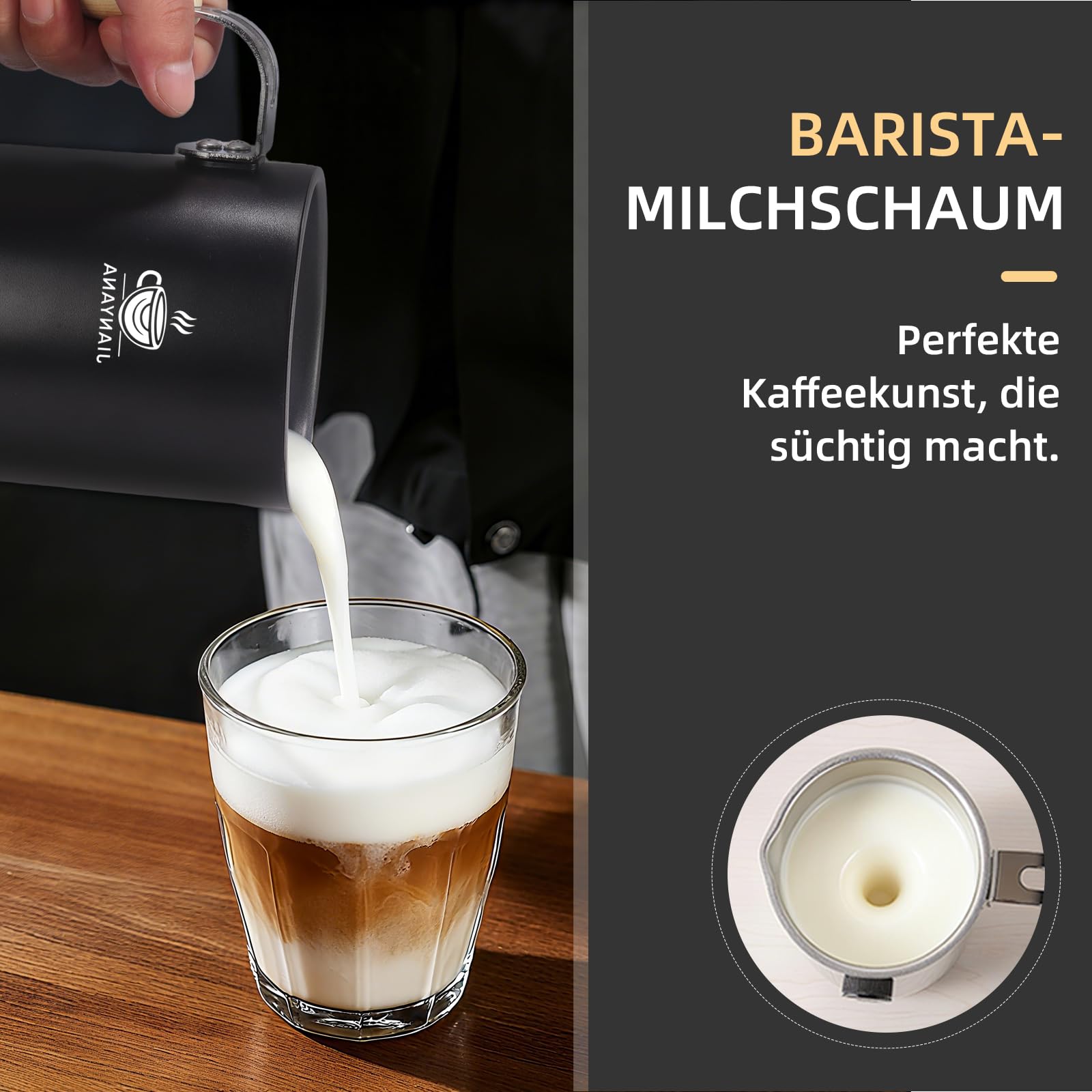 JIANYANA Elektrischer Milchaufschäumer 5-in-1,350ml Edelstahl Milchschäumer Heiß & Kalt mit,Leise,Für Dicken Schaum,Dünnen Schaum,Heiße Milch–Inkl.Schneebesen für Cappuccino,Latte,Kakao (Schwarz)