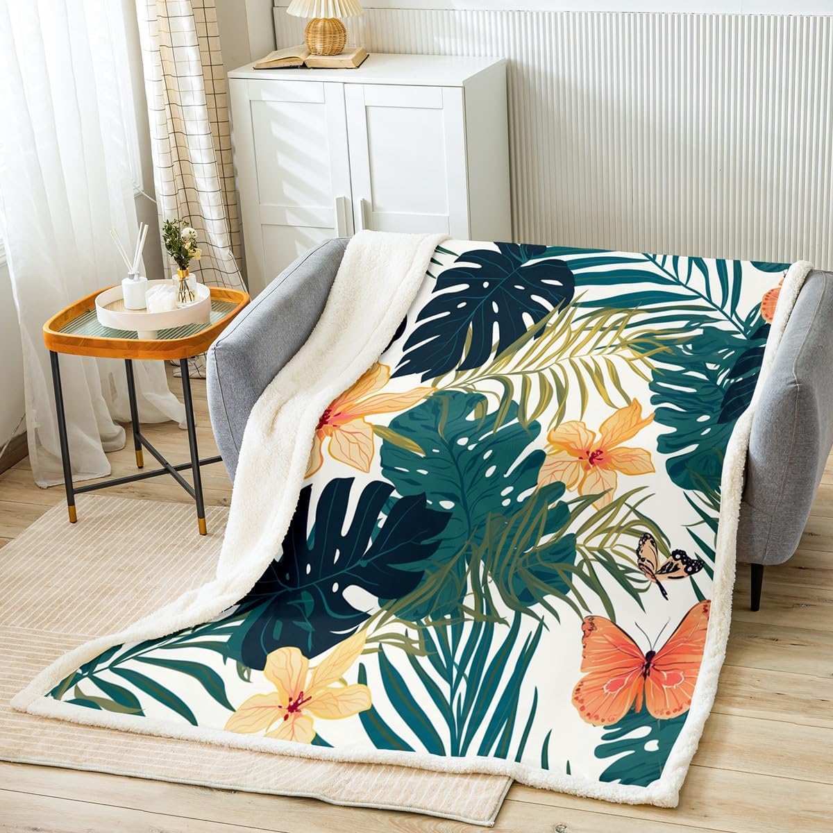 Feelyou Palm Leaf Sherpa Blanket Tropical Leaves Pattern Fleece for Chair Sofa Couch Blossom Floral Flowers Fuzzy Hawaiian Botanical Room Decor Twin 60"x80"