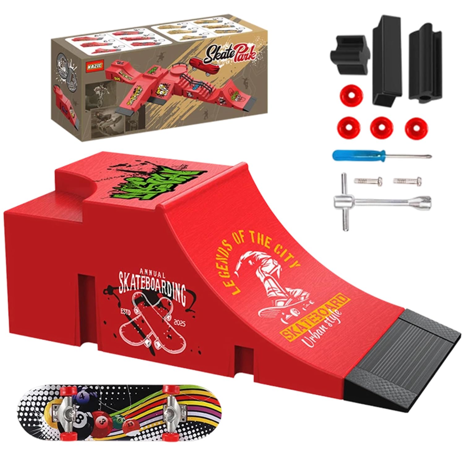 Finger Skateboard Ramp Set (Red), Portable Fingerboard Ramp Kit with Connectors and Mini Skateboard, Finger Skate Park Toy for Kids, Mini Finger Board Toy for Office Desk Play and Home Entertainment