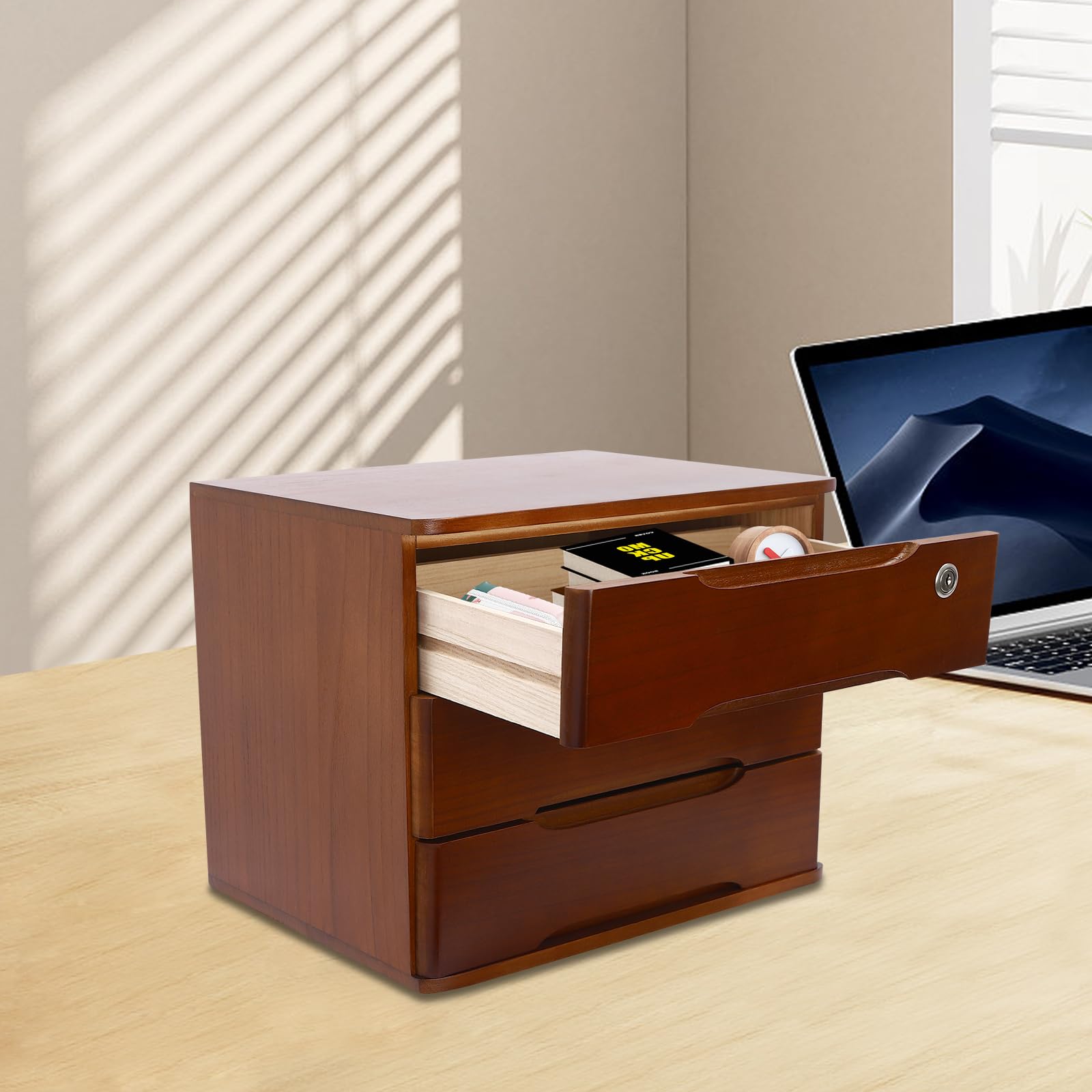 Organizer da scrivania, organizzatore da scrivania a 3 livelli, in legno, con cassetti richiudibili, organizer da tavolo per ufficio, 39 x 30 x 31 cm (noce)