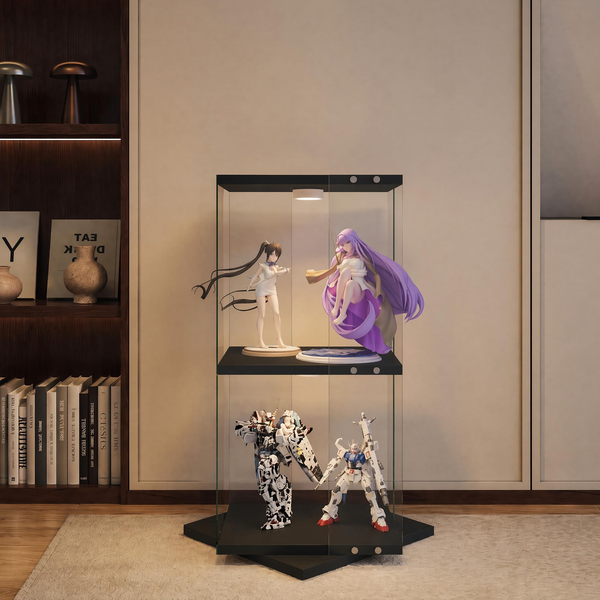 Szklana witryna stojąca z oświetleniem LED, obracana o 360°, szklana szafka na przedmioty kolekcjonerskie, 82 x 38 x 38 cm, 2 poziomy, przezroczysta szklana witryna, stojąca, z drzwiami, do salonu