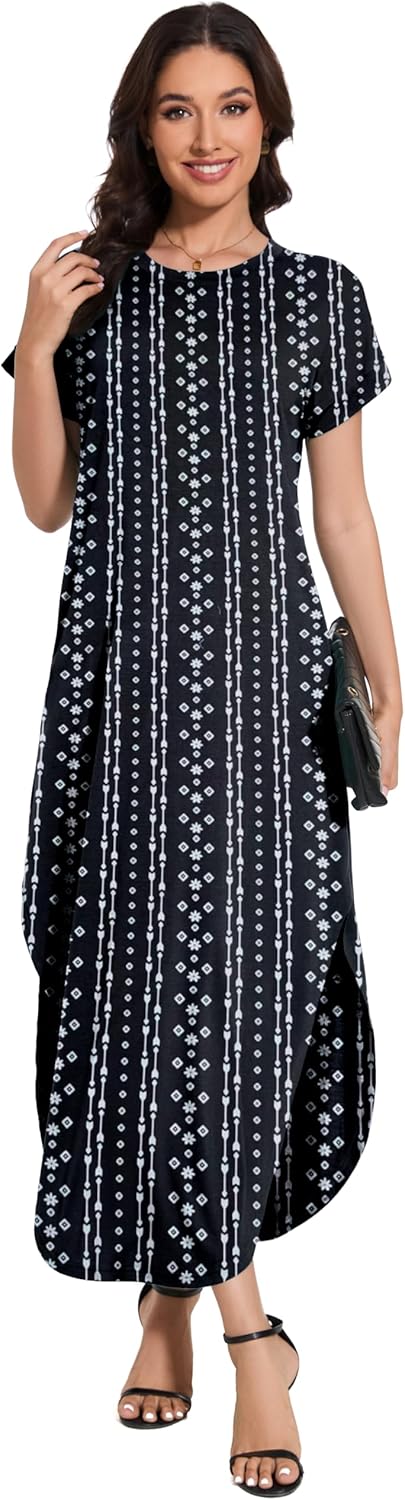 Women Summer Long Sundress Crewneck Short Sleeve Maxi Dress 2026 Casual Loose Beach Dress with Pockets - Image 3