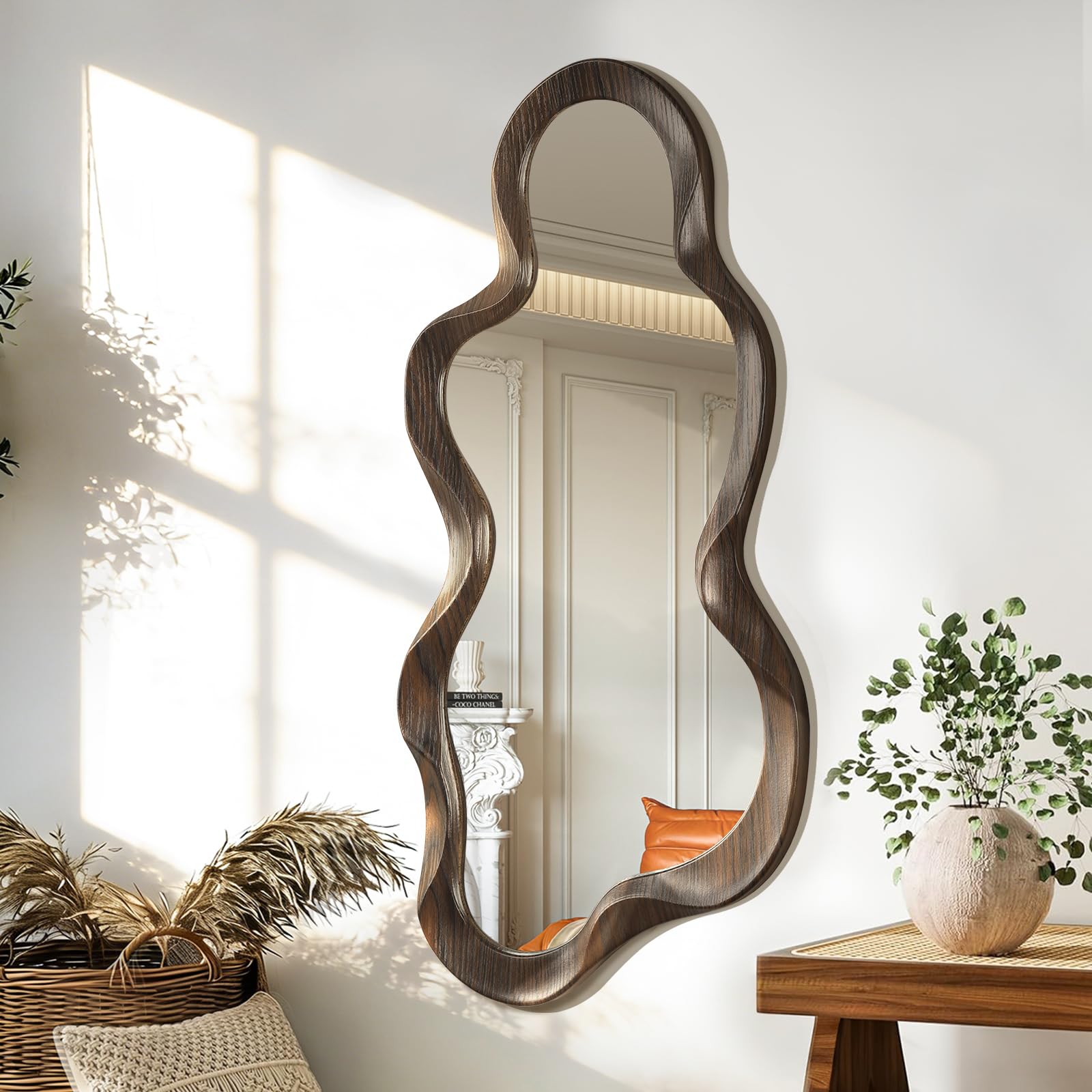 Lzuso Irregular Mirrors for Decor Unique Shape Wall Mounted Cloud Wood Frame Asymmetrical Mirror Modern Living Room Bedroom Bathroom Vanity Entryway Hallway Decorative Artistic 76x36cm