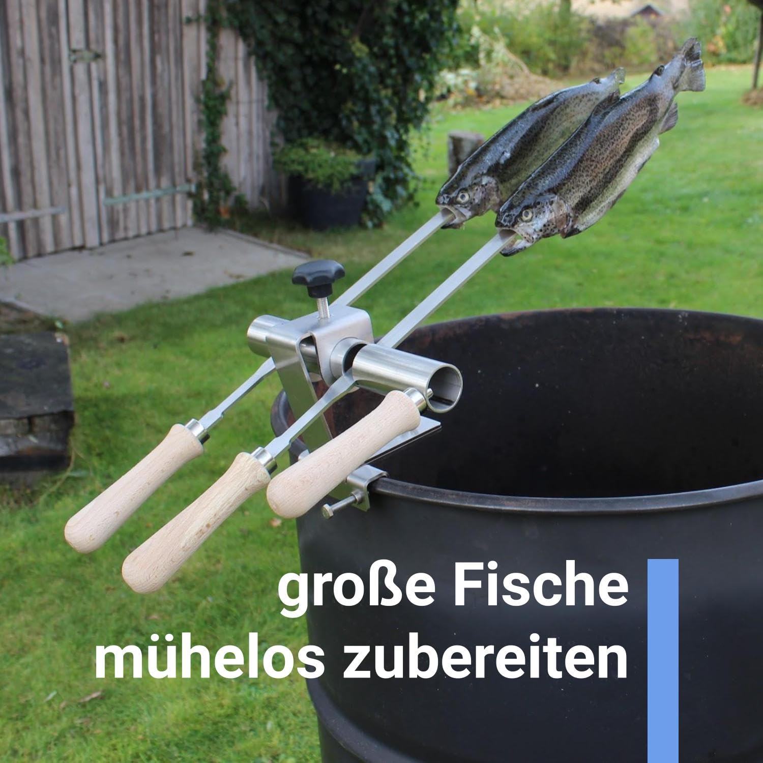Premium Steckerlfisch Halter für Feuerschale - Platz für 2 Fische - Fisch Grill Aufsatz passt auf jede Feuerschale - stufenlos verstellbar - Fischhalter 100% Edelstahl - Asado Grill für Feuerschale