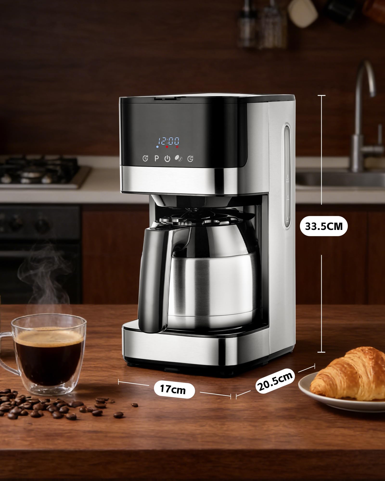 KEINVE Filterkaffeemaschine mit Thermokaraffe, Edelstahl Kaffeemaschine mit timer, 24H programmierbar, LED Display, Warmhalteplatte, Abschaltautomatik, Tropfstopp, 900W, 10 Tassen, 1 Liter