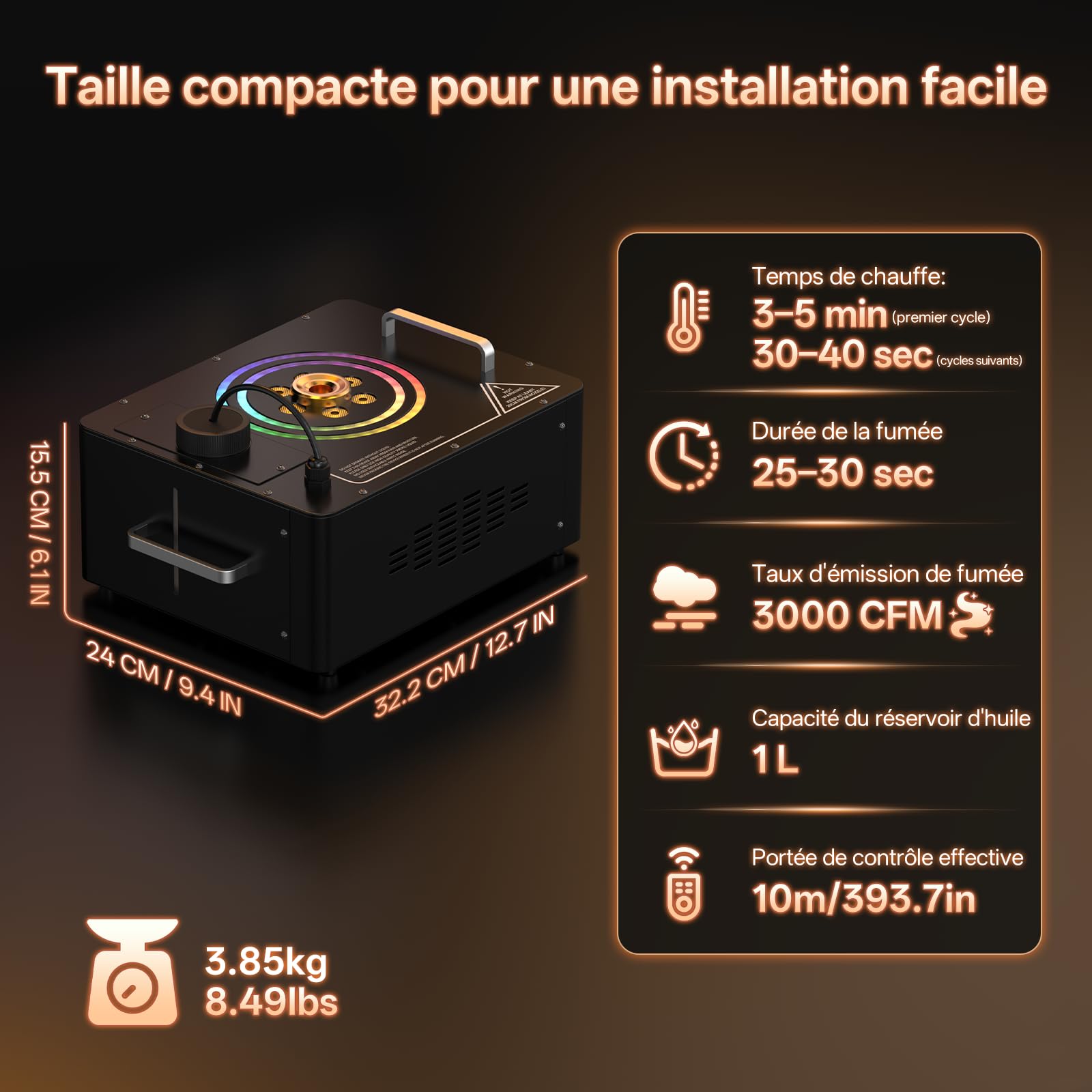 Máquina de Humo, 1500W Suspendible Fog Machine DMX con 6 RGB LED y Anillos Luminosos, 3000CFM con Remotos Inalámbricos y 4 Efectos de Iluminación para Halloween Navidad Fiesta Bodas DJ