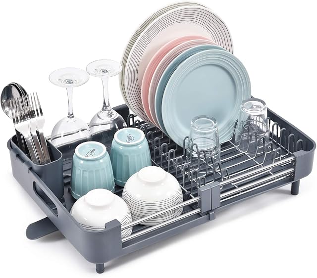 KINGRACK Expandable Dish Rack,Foldable Stainless Steel Dish Drainers With Removable Cutlery Holder & Non-Scratch Plate Rack, Adjustable Dish Drying Rack With Swivel Drainage Spout, Grey WK810172-6