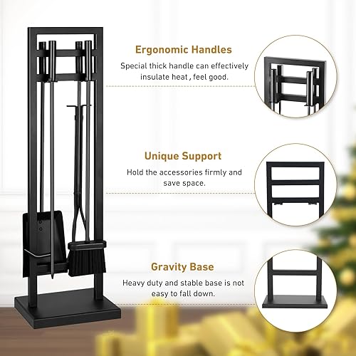 Miniatura 6 de FEED GARDEN Juego de herramientas para chimenea de 5 piezas, 30 pulgadas, moderno de hierro forjado para exteriores, accesorios para chimenea,