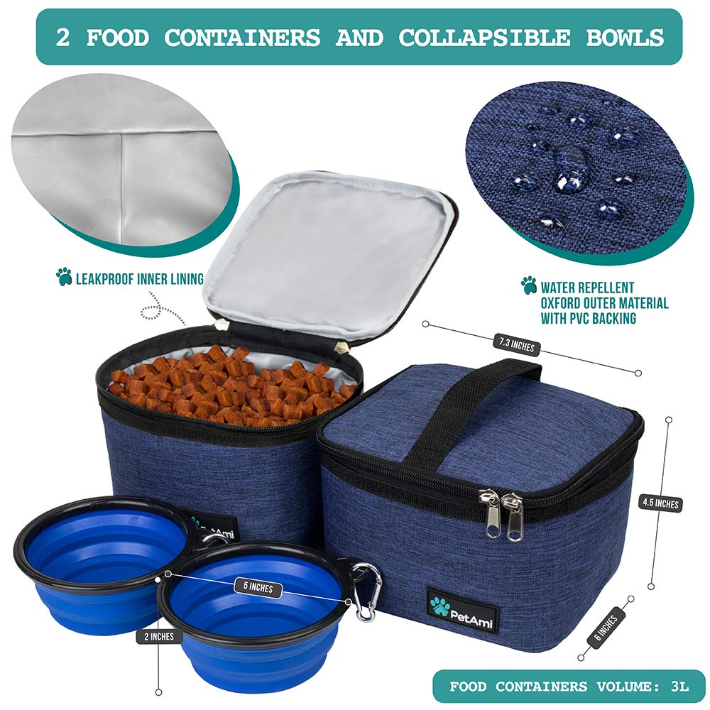 PetAmi Bolsa de viaje para perros, organizador de bolsas de viaje para mascotas, bolsa de viaje para comida para perros con recipiente de alimentos y cuencos, suministros de viaje para perros,