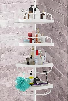 Shower Caddy Tension Pole with 4 ABS Baskets,Shower Storage Shelf with 56 to 125 Inch Adjustable Stainless Pole for Bathroom White
