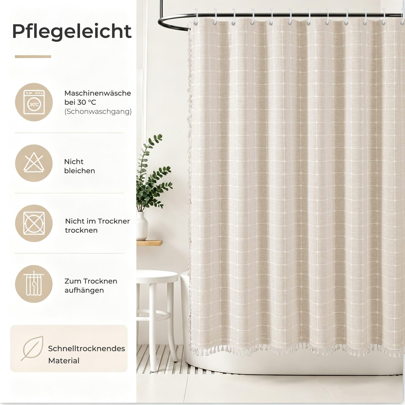 Stoff Duschvorhang Leinen-Mischgewebe Quasten Boho Landhaus Beige | Wasserabweisende Oberfläche. Weicher Fall. Maschinenwaschbar. Für ein gemütliches Bad. Haken inklusive. Mehrere Größen